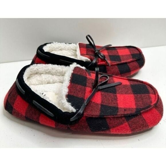 Nordstrom Rack Red Black Buffalo Plaid Moccasin Slippers Size Medium - Picture 2 of 7